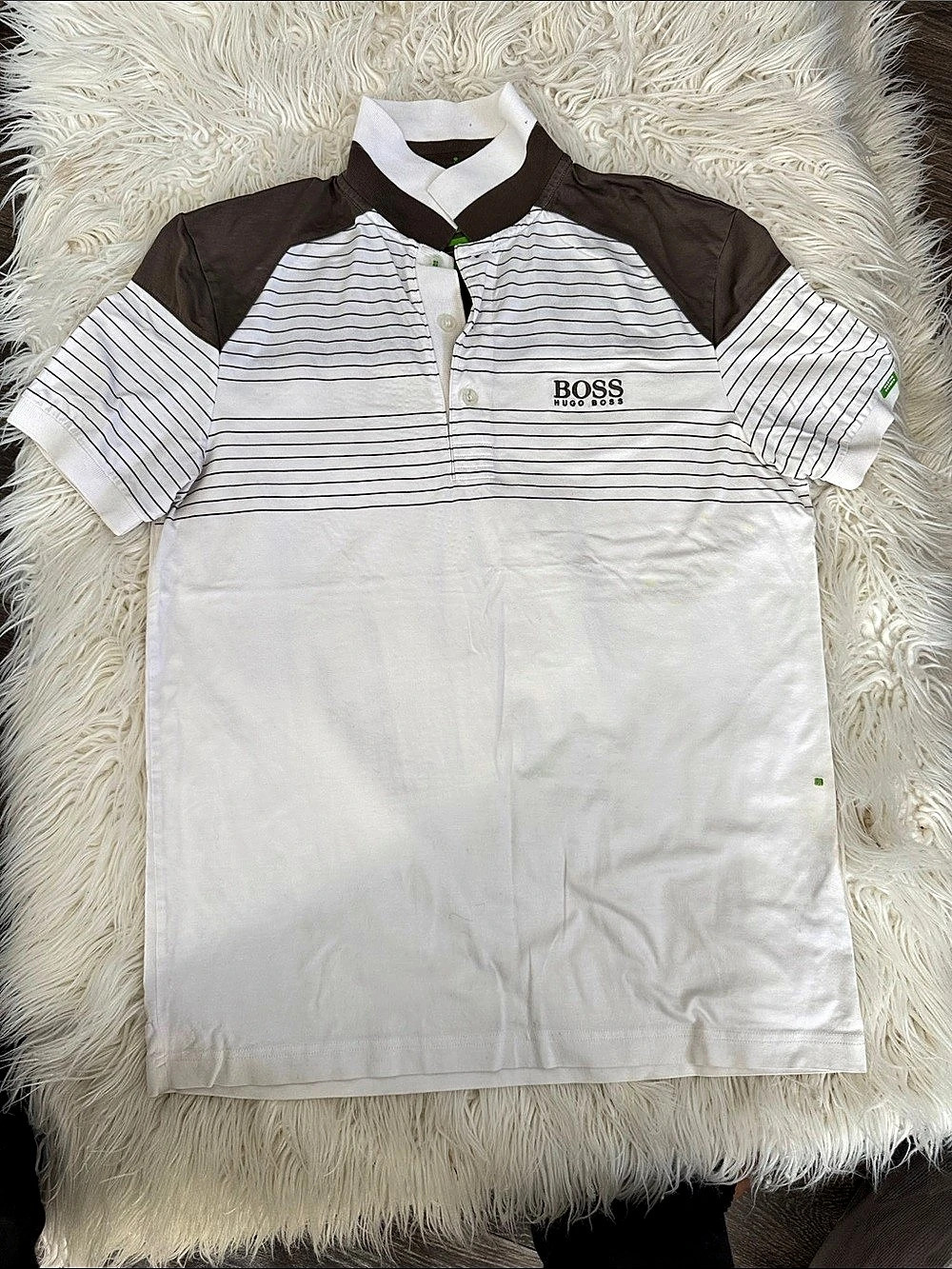 BOSS MartĂn Kaymer Striped Polo in White & Brown Size Medium